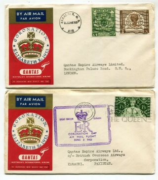 Pakistan / Uk Gb 1953 Qeii Coronation Qantas Airmail Covers - Matched Pair