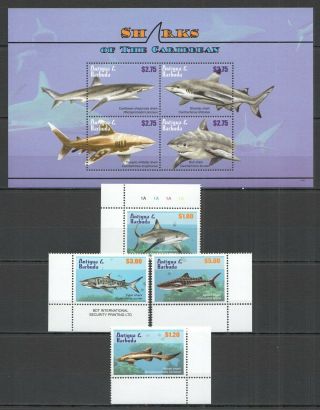Y114 Antigua & Barbuda Marine Life Sharks 4759 - 62 Michel 18,  4 Euro Kb,  Set Mnh