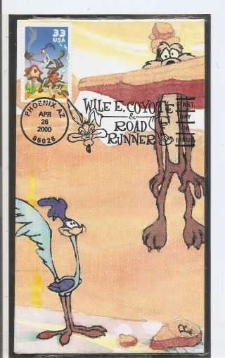 Us Sc 3391 Road Runner & Wile E.  Coyote Fdc.  Hand Painted Acrylic By Pyrrhus