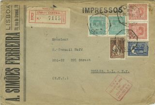 Portugal 1937 Registered Cover Lisbon To Ny Afinsa 478,  Pairs 568b &569b