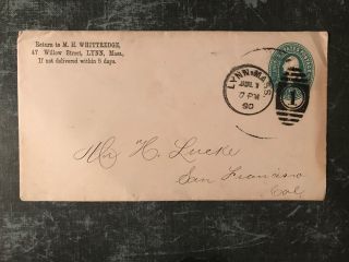 1890 Mh Whittredge,  Lynn,  Mass.  Usa Pre Paid Postal Cover Ref176