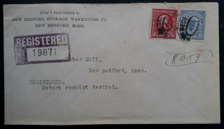Rare 1914 United States Registd Cover Ties 2 Stamps Canc Bedford