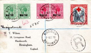 Bahamas 1918 Registered Cover With War Tax Overprints To England.  See Descpn.