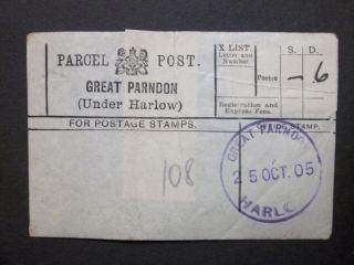 Gb Essex 1905 Parcel Post Label " Great Parndon (under Harlow) " Rubber Postmark