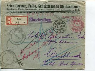 Germany Infla Reg Cover To South West Africa Paid In Cash,  15.  9.  1923,  Returned