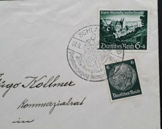 RARE 1940 Germany Cover ties 2 stamps with Schlaggenwald Alte Bergstadt cachet 2