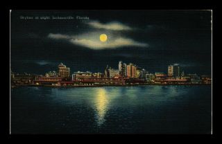Dr Jim Stamps Us Night View Jacksonville Florida Skyline Linen Postcard 1939