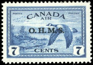 Canada Co1 Xf Og Nh 1946 Airmail 7c Deep Blue Canada Goose Ohms Overprint