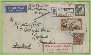 Zealand 1938 First Official Flight To Usa Registered Cachet Cover