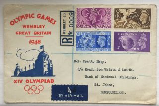 Gb Kgvi 1948 Olympic Games Registered Air Mail Fdc Wembley To Newfoundland