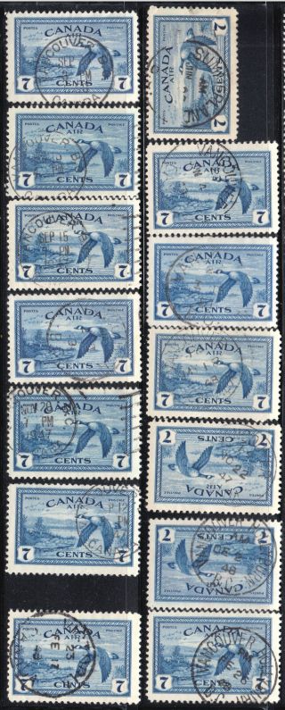 Canada: C9 7c Goose Airmail,  (x14) Vancouver (,) Bc Cds Son Cancels Lot Vf