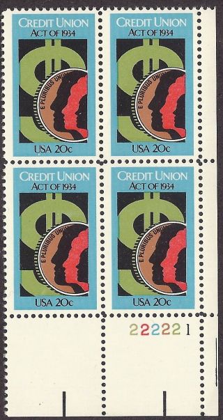 2075 Plate Block 20cent Credit Union Act Of 1934 Money Loans Savings Accounts $$