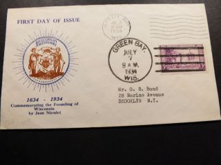 Us Fdc 7 Jul 1934 Cachet Commemorating Founding Of Wisconsin Jean Nicolet Wi