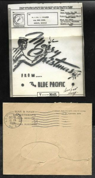 1944 Censored Illustrated Naval V - Mail Letter,  Cover To Detroit