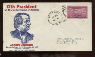 Us North Carolina Event Cover (president Andrew Johnson Birthday) 1939 Raleigh