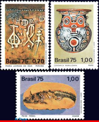 1398 - 400 Brazil 1975 Archaeology,  Petrified Fish,  Ceramics,  Stone,  Mi 1491 - 93