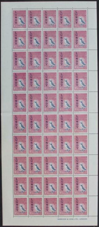 Gb/lundy: 1962 Full 10 X 5 Sheet Europa 1 Puffin Examples - Full Margins (26372)