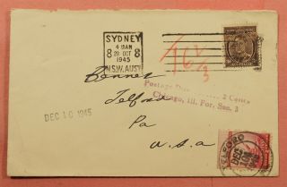 900 Defense As Postage Due On Incoming 1945 Australia Sydney To Usa