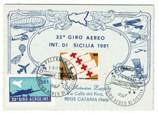 1981 Italy Lettercard - 33 Giro Aereo Int Di Sicilia - Air Cinderella Label