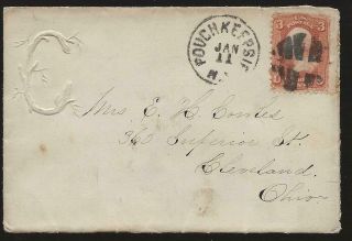 1860 ' s Poughkeepsie NY Cover to Cleveland Ohio,  Scott 94 Grilled 3 cent 2