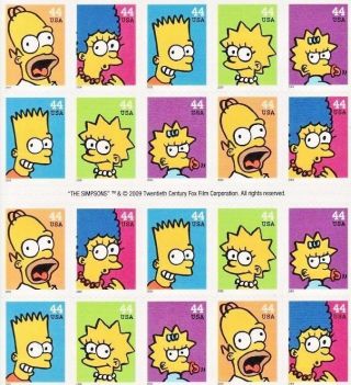 Three (3) Panes / Sheets X 20 = 60 The Simpsons 44¢ Us Ps Stamps.  Sc 4399 - 4403