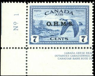 Canada Co1 Vf Og Nh 1946 Airmail 7c Deep Blue Canada Goose Ohms Overprint