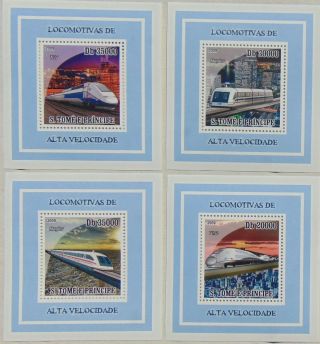 High Speed Trains Railway Set 4 Sheets Deluxe Sao Tome 2009 Sc.  2108 St9302d