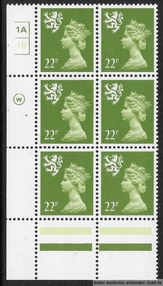 Gb/scotland 1971/98 22p Plate Block,  Sg Xsl40/s48,  Plate 1a,  1b No Dot.  Mnh
