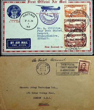 Zealand 1934 1st Official Papua Guinea Cover,  1938 1st Airmail To Uk