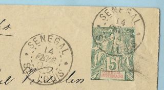 French colony,  Senegal 5c stamped envelope 1894,  blue Linge J Paquebot transit 3