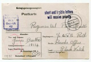 Germany 1942 Stalag / British Soldier Pow Camp Censor Postcard To Scotland 12