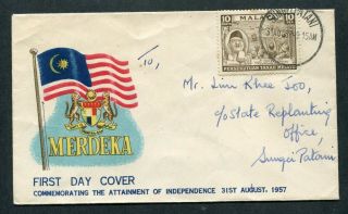 31.  08.  1957 Malaysia Malaya 10c Stamp On Fdc Sungei Patani Cds Pmk