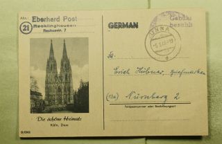 Dr Who 1946 Germany Unna Stampless Postage Due Postcard To Nurnberg E48921
