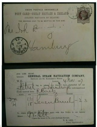 Scarce 1887 Great Britain General Steam Navigation Co Stamped Postcard - Hamburg