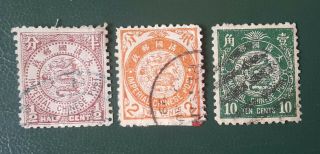 3 X China 1897 Lithographic Coil Dragon Stamps Up To 10c With Different Postmark