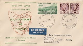 Australia To Denmark Pennington Sa Tasmania Sesquicentennial Cacheted Fdc 1953