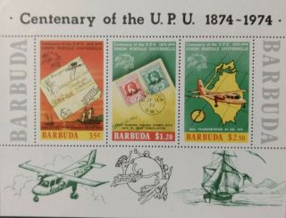 129.  Barbuda 1974 Stamp M/s Centenery Of U.  P.  U.  Transport,  Ships,  Planes