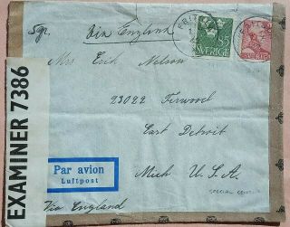 Sweden 1942 Fritsla Airmail Cover With British Continuous Crown Tape & Pc 90