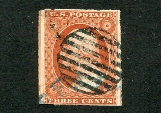1855 Us Scott 11a Three Cent Washington Imperf Stamp - Cork & Blue Cancel