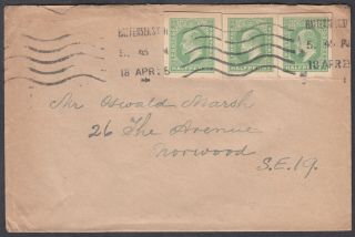 Kevii 1/2d,  1/2d,  1/2d Green Stationery Cut - Outs On Cover; Battersea M/c; 1915
