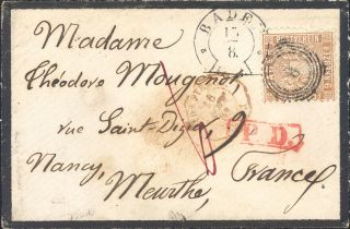 1863 Tiny Mourning Cover,  Baden (german State) To France