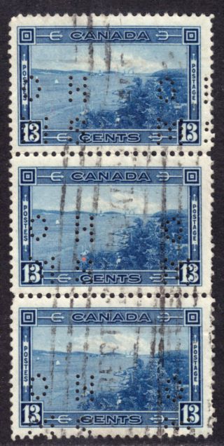 Canada Official O242 13c Deep Blue,  1938 4 - Hole " Ohms " Perfin " Shift " Strip/3