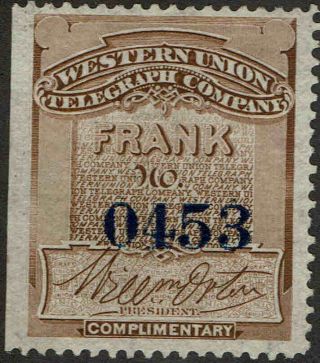 16t4 1874 Complimentary " Western Union Telegraph Co.  " Issue - No Gum