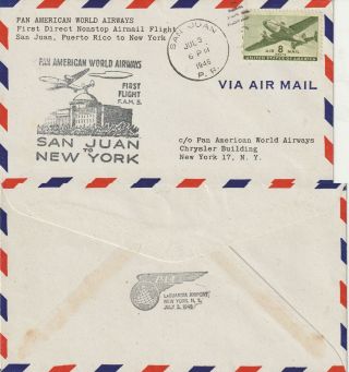 Us 1946 Pan Am Non Stop First Flight Flown Cover San Juan Puerto Rico - York