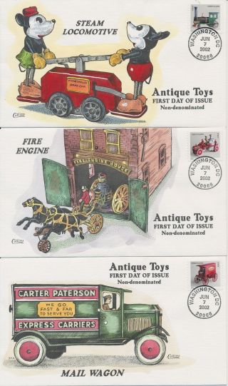 3626 - 29 Antique Toys Set Of 4 Hand Painted Fred Collins Cachet First Day Covers