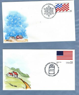 2000 2 Calvin Coolidge Sta.  Plymouth,  Hand Painted Ruth Henson Cachets,  Covers