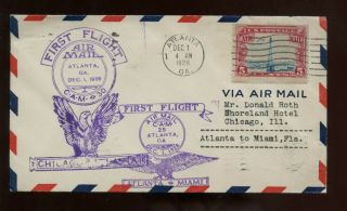 Early 1927 Us Ffc First Flight Cover From Atlanta,  Georgia To Miami,  Florida