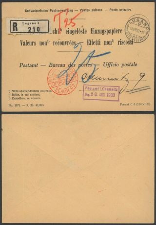 Switzerland 1933 - Registered Service Cover Lugano To Chemnitz Germany 30527/2