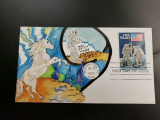Another Us Fdc 1989 $2.  40 Moon Landing Geri Peltin Hand Painted Cachet Unicorn