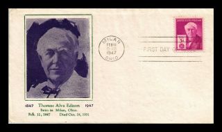 Dr Jim Stamps Us 3c Thomas Edison First Day Cover Scott 945 Milan Ohio